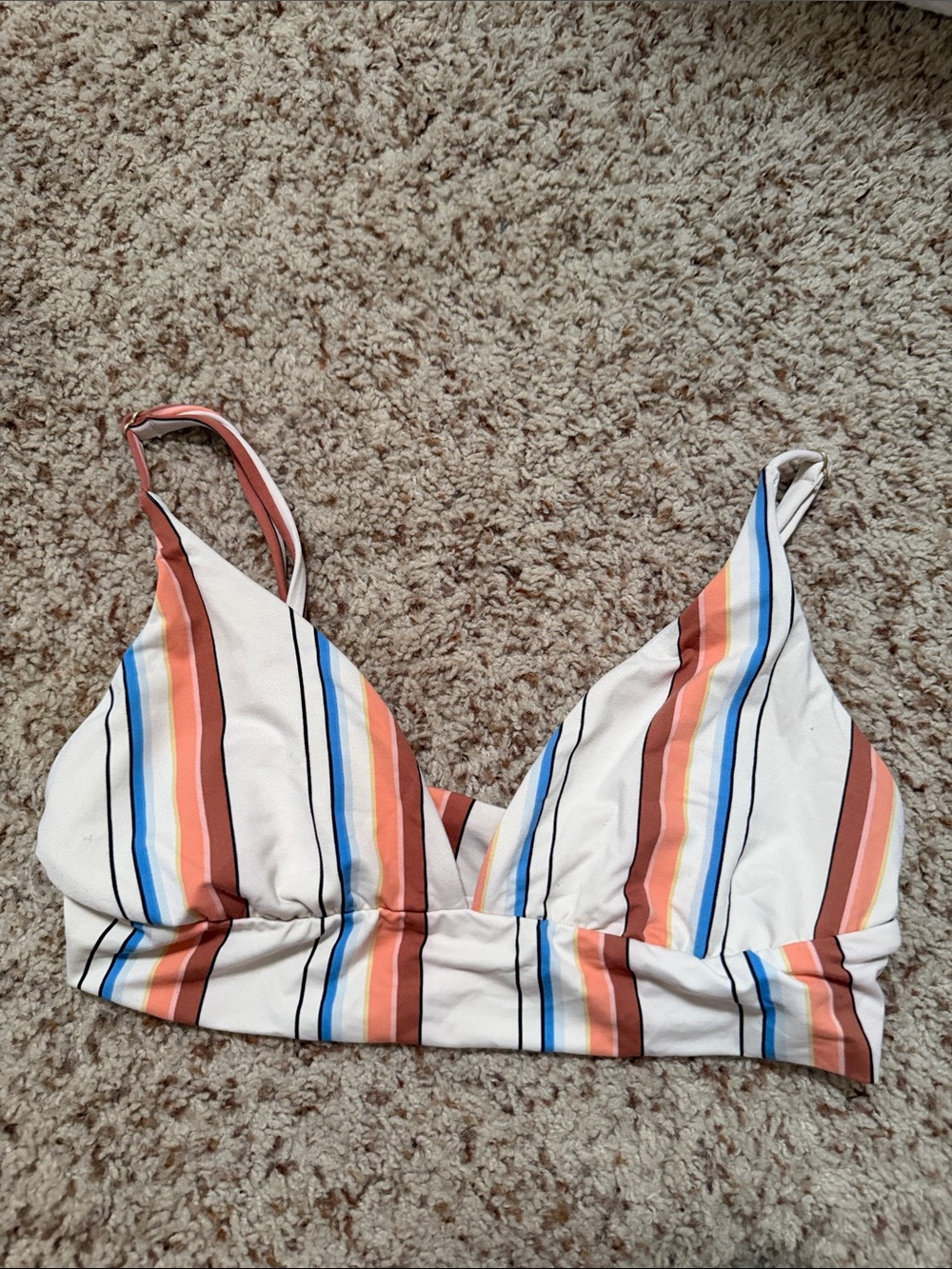 Striped Bralette Bikini Top — Cream with Rust, Blue & Tan Stripes